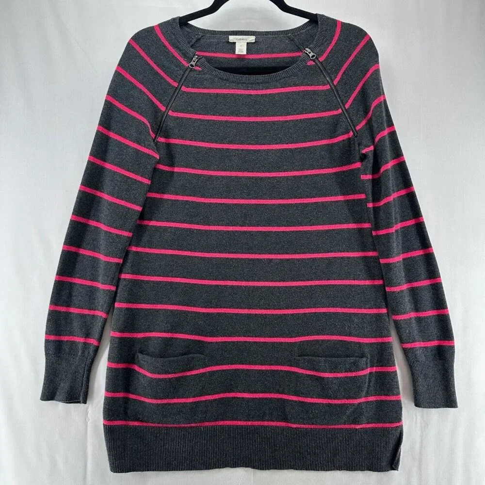Caslon Sweater Womens Size S Striped Tunic Zip Shoulder Long Sleeve Gray Pink